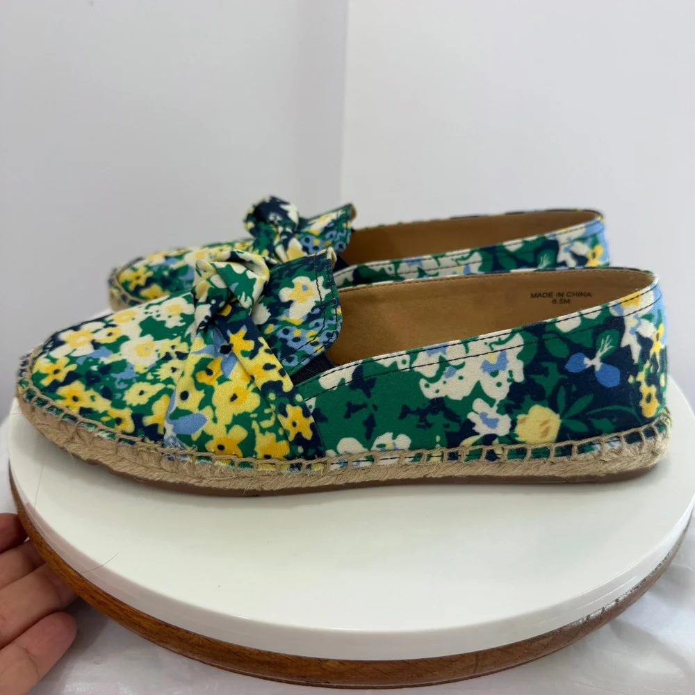 Talbots Womens Floral Canvas Espadrille Loafers Green Blue Yellow Bow 6.5